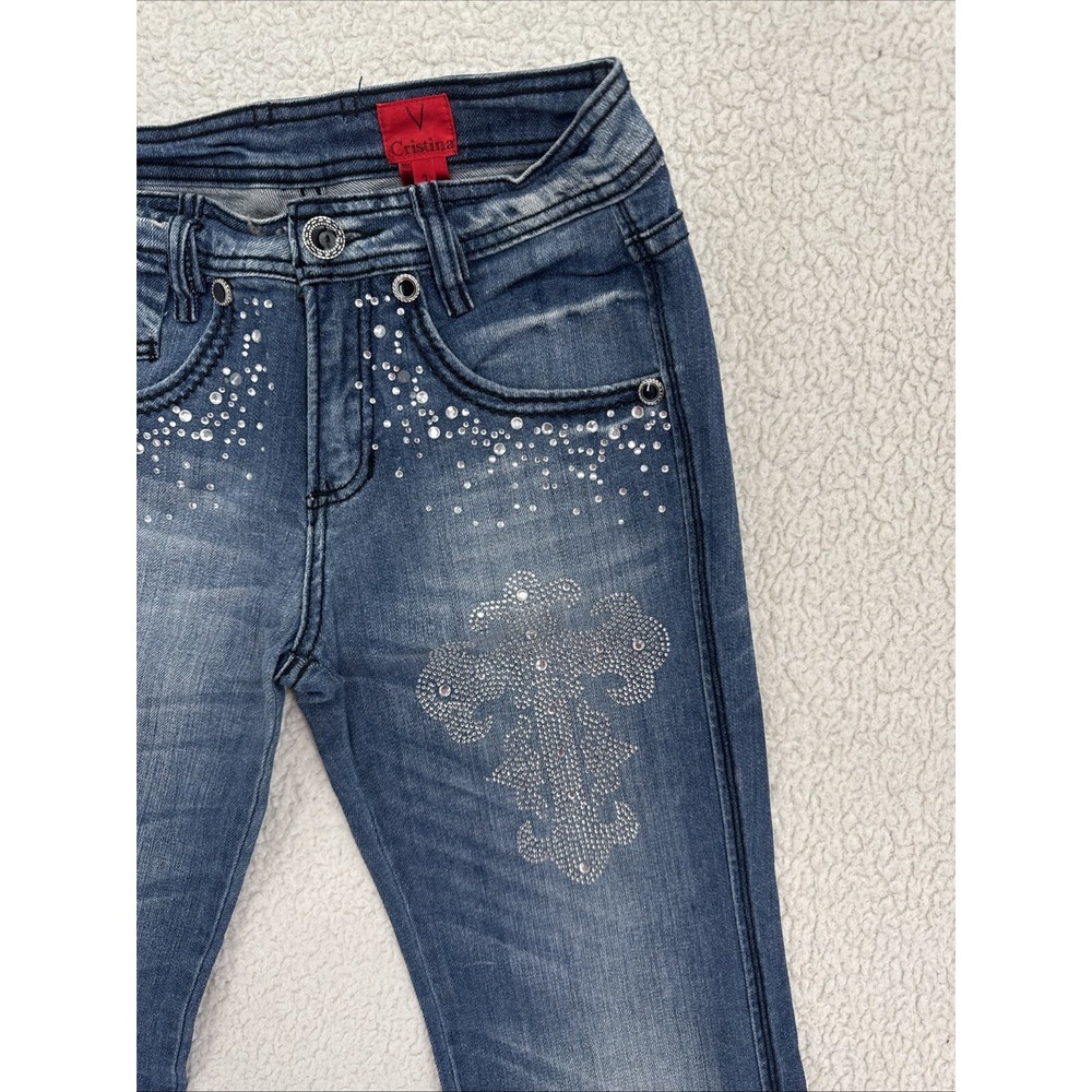 V Cristina Jeans Women Size 2 Blue Embellished Bling Cross Studded Straight Leg - Picture 3 of 12